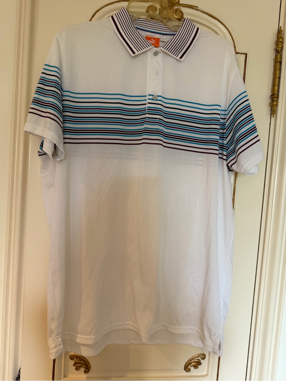 Puma White Polo with Blue Stripe Pattern